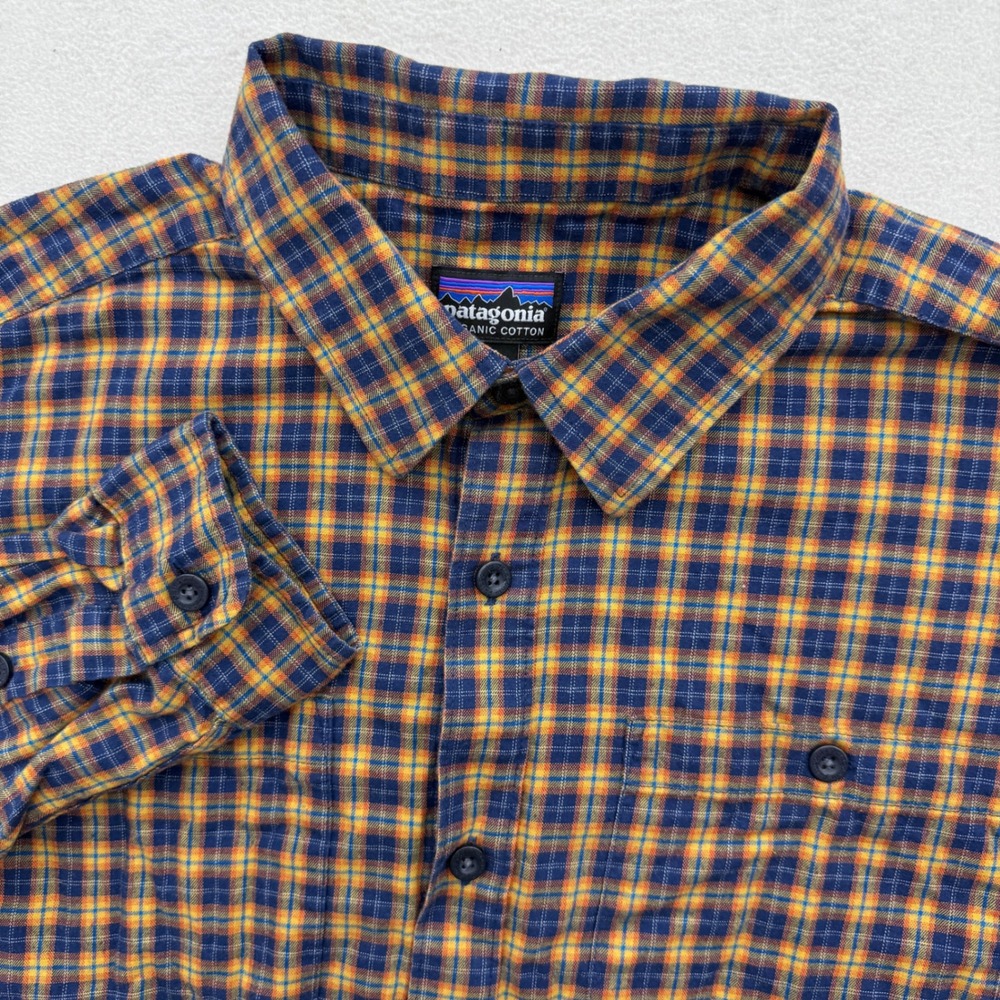 Patagonia Organic Cotton Shirt Mens M Medium Blue‎ Yellow Plaid Button Up Casual